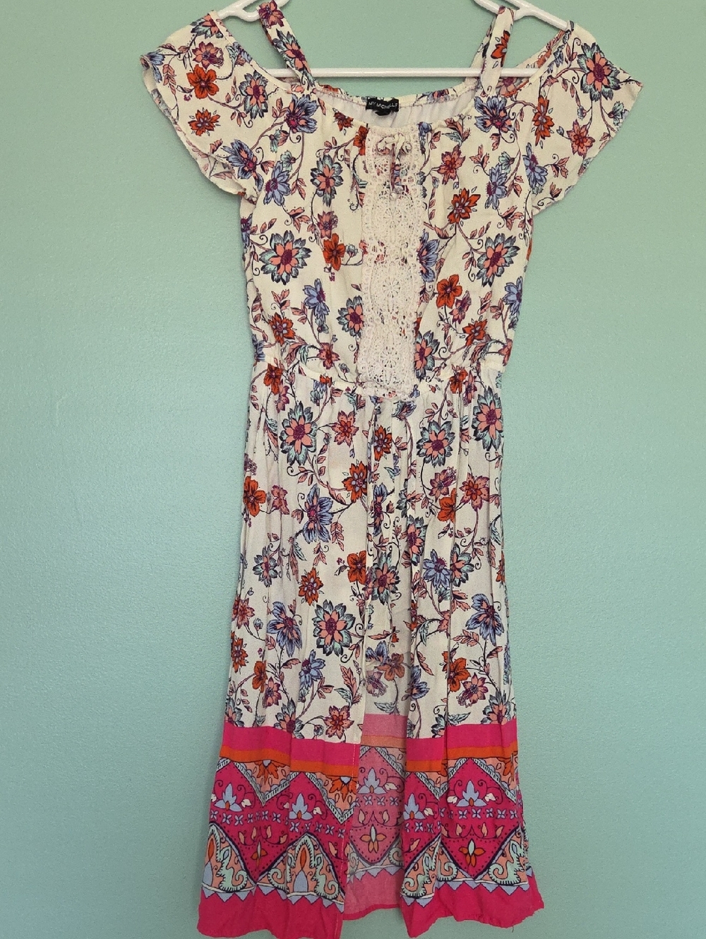 White Floral Boho Midi Dress with Pink Border